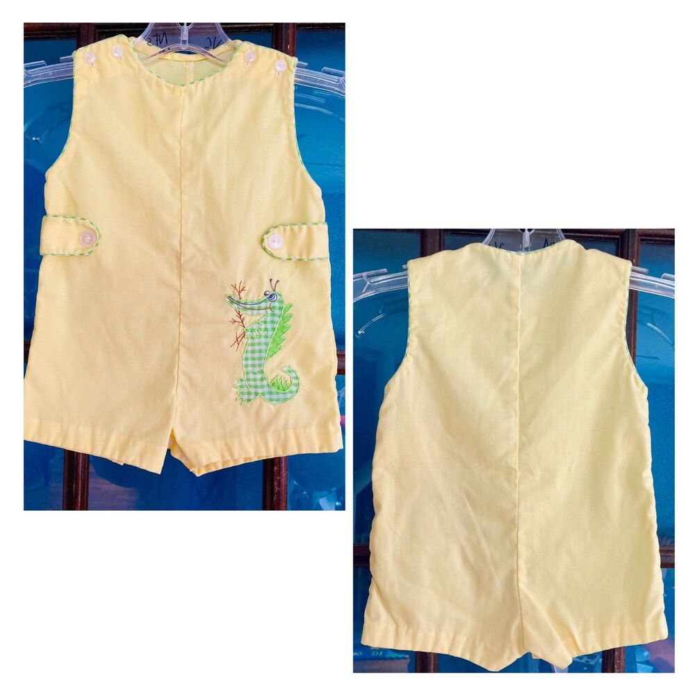 1960s 1970s 1980s Yellow Baby Romper W Green Gingham Alligator Crocodile
